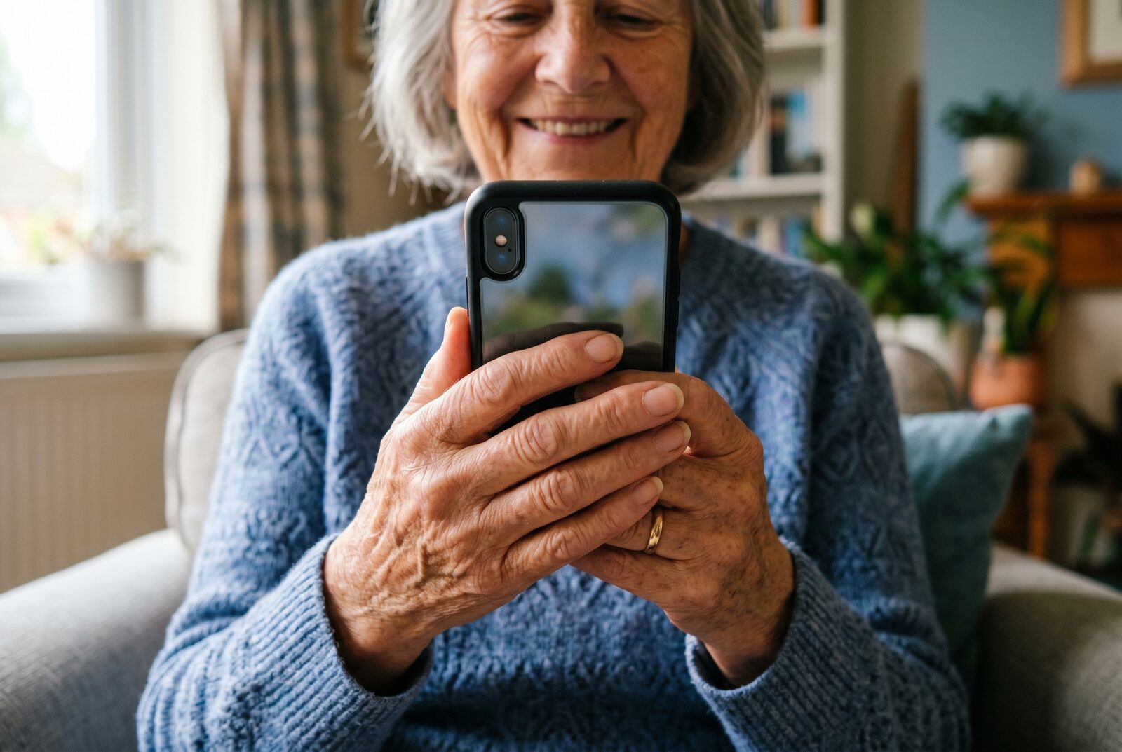 Ältere Frau hält lächelnd ein Smartphone in den Händen.